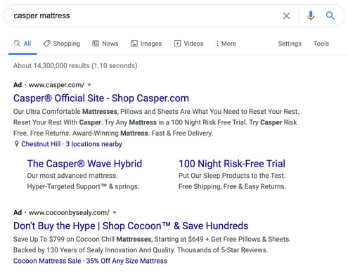 paid ads top result in google search engine results page for "casper mattress" query